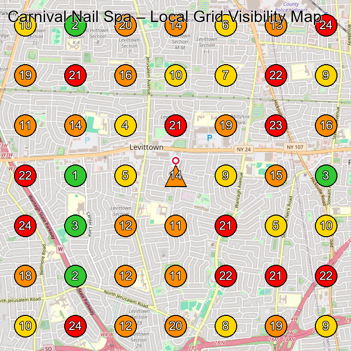 Carnival Nail Spa Nail Salon GeoGrid ranking map for Levittown NY